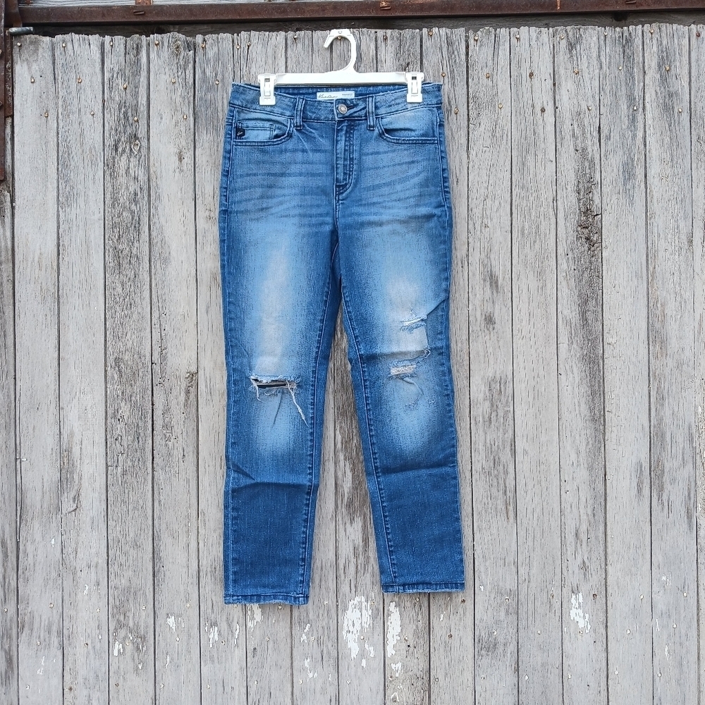 Kancan Medium Wash‎ Destructed Boyfriend Mid Rise Distressed Jeans Womens Sz 26.